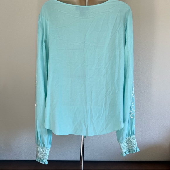 Karen Kane Aqua embroidery front tie Long Sleeve Top Sz medium - Picture 4 of 6